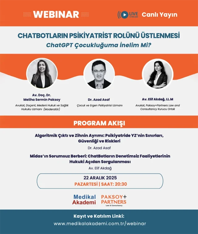 ‘Chatbotların Psikiyatrist Rolünü Üstlenmesi: ChatGPT Çocukluğuma İnelim Mi?‘ söyleşimizde yapay zeka uygulamalarının ruh sağlığında kullanımını konuklarımız Psikiyatrisi Uzmanı Dr. Azad Asaf ve Avukat Elif Akdağ ile konuşacağız. Oturumun moderatörlüğünü Av. Doç. Dr. Meliha Sermin Paksoy, yapacak.